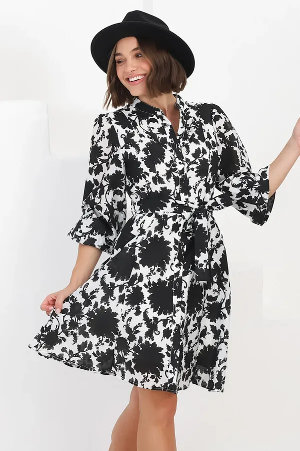 Women_Floral_Black_Midi_Shirt_Dress_Full-length_Puff_sleeves