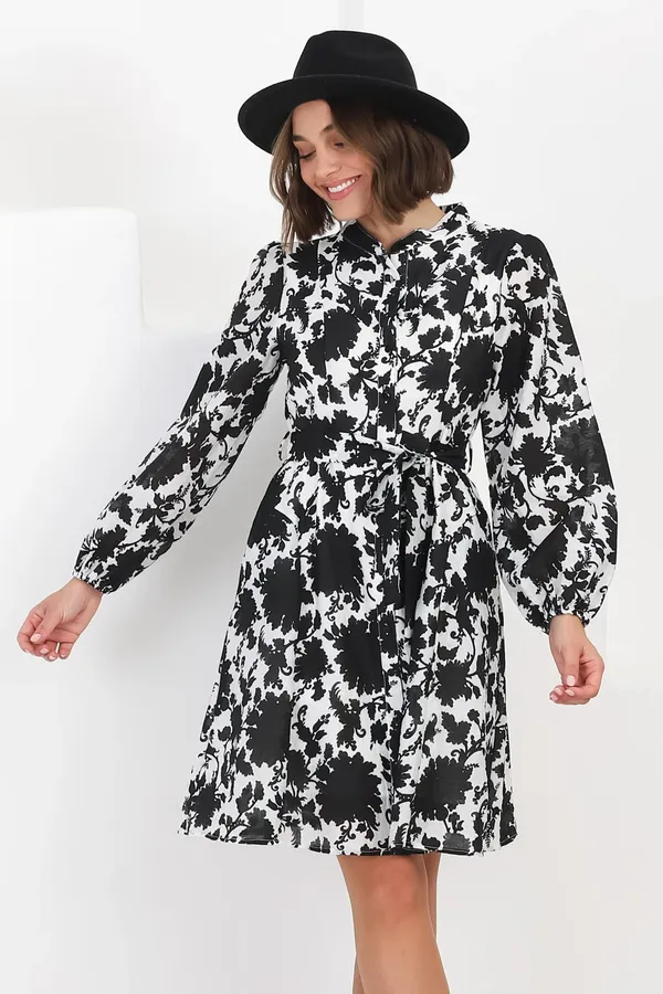 Women_Floral_Black_Midi_Shirt_Dress_Full-length_Puff_sleeves