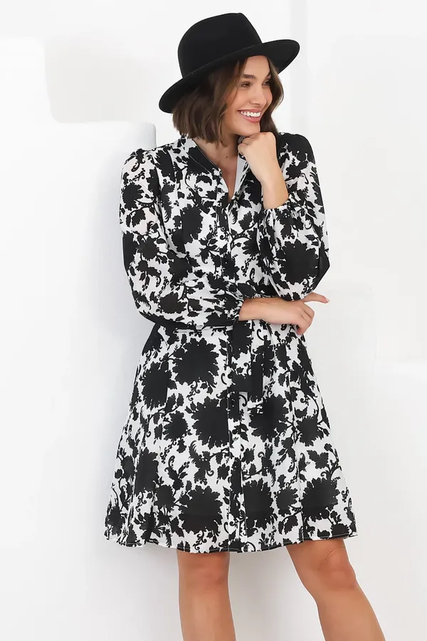 Women_Floral_Black_Midi_Shirt_Dress_Full-length_Puff_sleeves