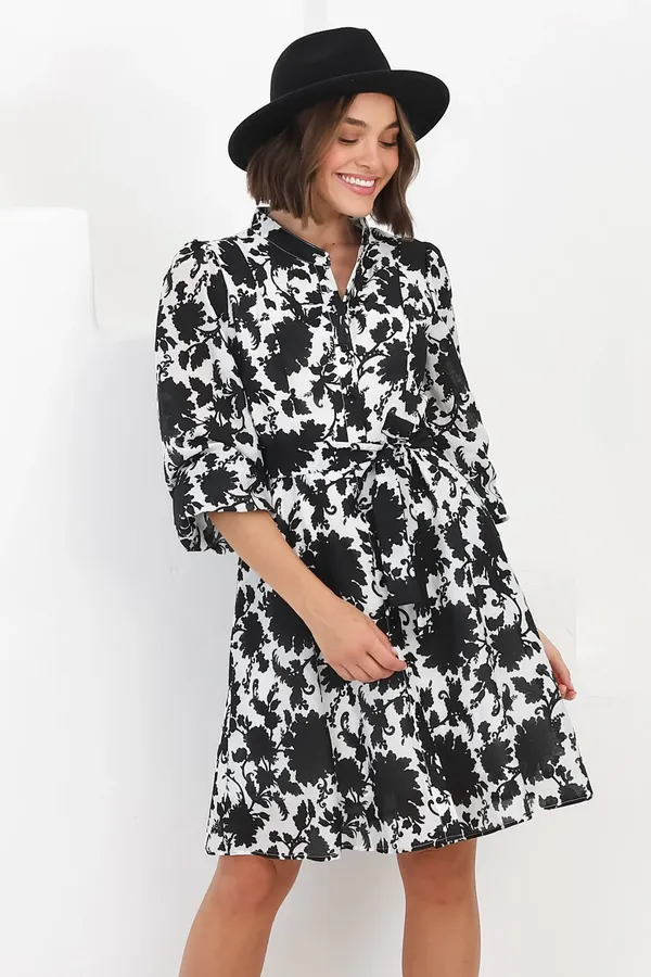 Women_Floral_Black_Midi_Shirt_Dress_Full-length_Puff_sleeves