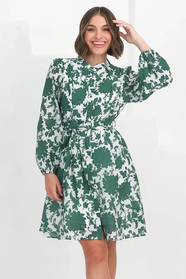 Women_Floral_Sea_Green_Midi_Shirt_Dress_Full-length_Puff_sleeves