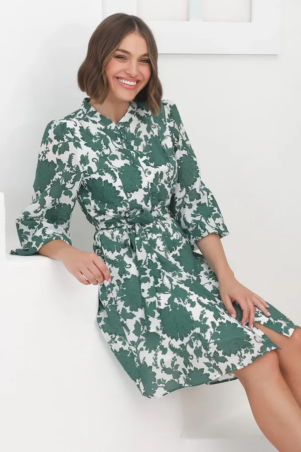 Women_Floral_Sea_Green_Midi_Shirt_Dress_Full-length_Puff_sleeves