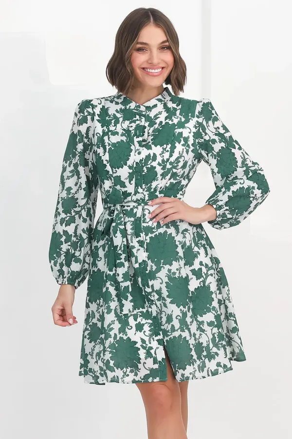 Women_Floral_Sea_Green_Midi_Shirt_Dress_Full-length_Puff_sleeves