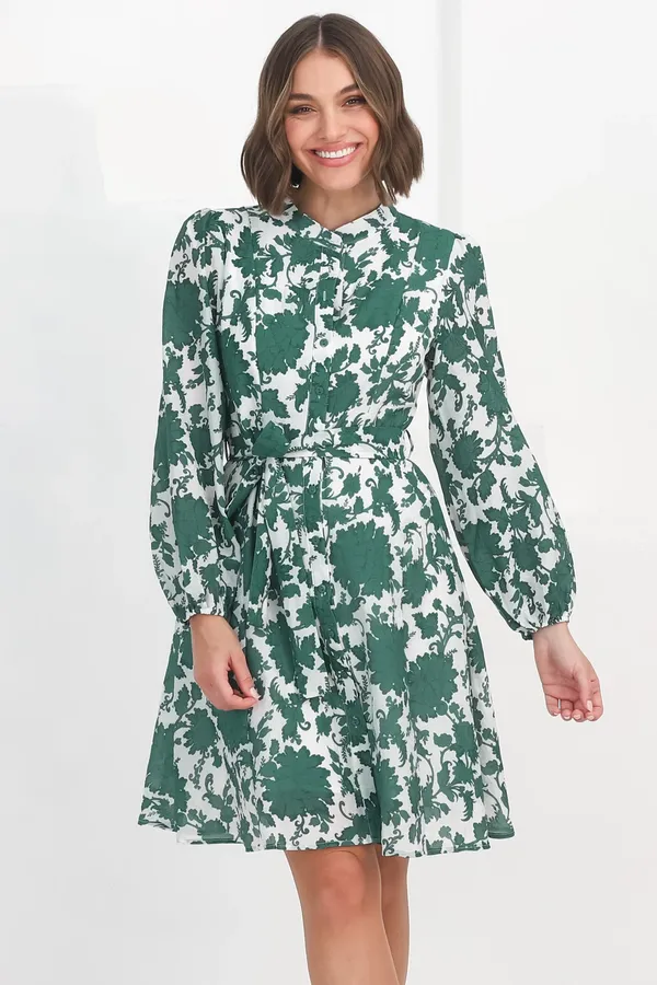 Women_Floral_Sea_Green_Midi_Shirt_Dress_Full-length_Puff_sleeves