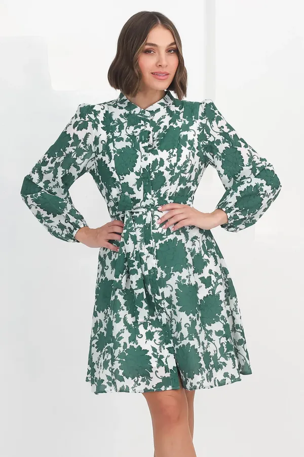 Women_Floral_Sea_Green_Midi_Shirt_Dress_Full-length_Puff_sleeves