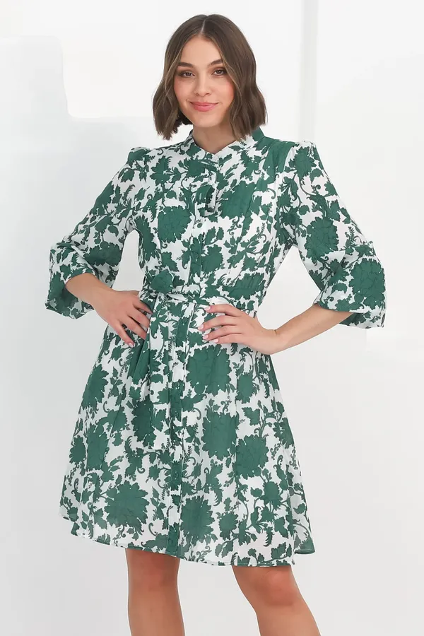Women_Floral_Sea_Green_Midi_Shirt_Dress_Full-length_Puff_sleeves