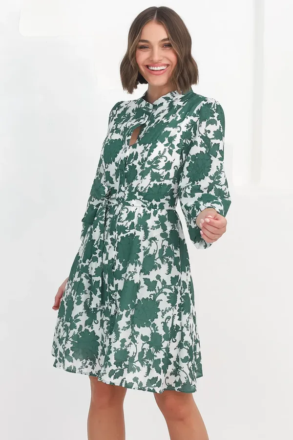 Women_Floral_Sea_Green_Midi_Shirt_Dress_Full-length_Puff_sleeves