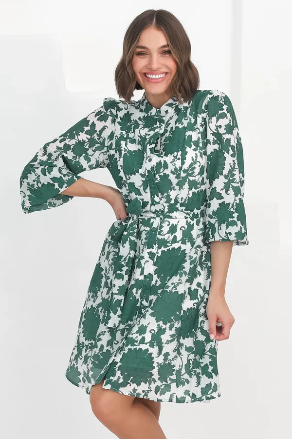 Women_Floral_Sea_Green_Midi_Shirt_Dress_Full-length_Puff_sleeves