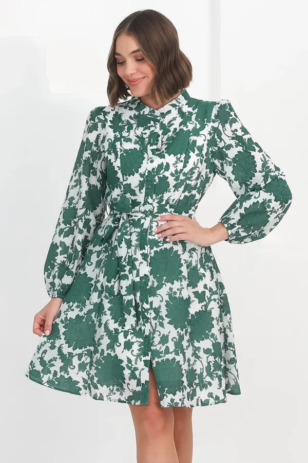 Women_Floral_Sea_Green_Midi_Shirt_Dress_Full-length_Puff_sleeves