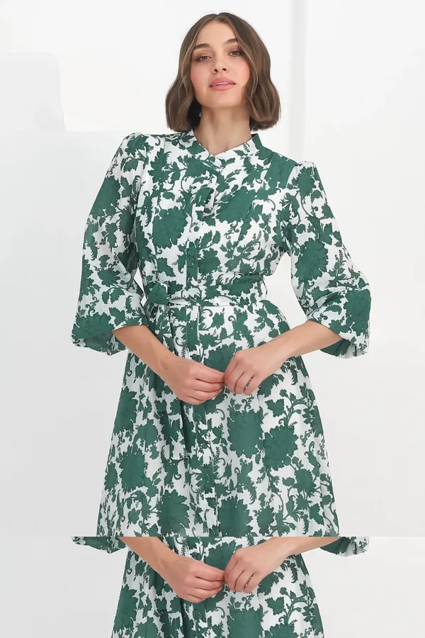 Women_Floral_Sea_Green_Midi_Shirt_Dress_Full-length_Puff_sleeves