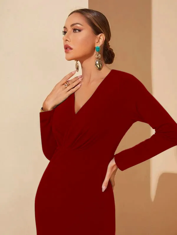 Polyester_V-neck_Neck_Full-length_Bodycon_Dress