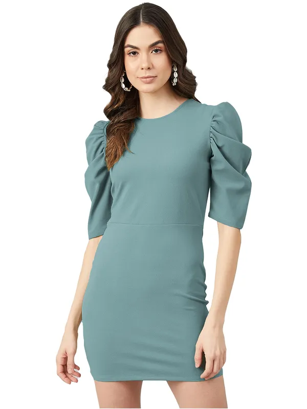 Turquoise_Blue_Casual_Round_Neck_Solid_Short_Sleeves_Mini_Dresses