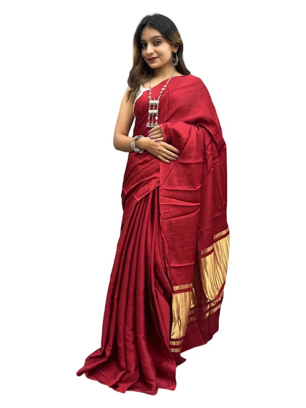 Prijam_Modal_Silk_Plain_Indian_Saree_Lagadi_Patta_Designed_Pallu_Silk_Saree_With_Unstiched_Blouse_for_Women's