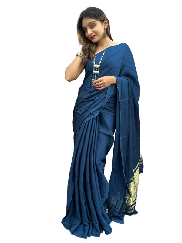 Prijam_Modal_Silk_Plain_Indian_Saree_Lagadi_Patta_Designed_Pallu_Silk_Saree_With_Unstiched_Blouse_for_Women's