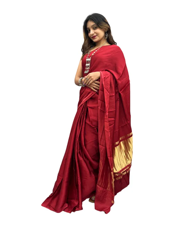 Prijam_Modal_Silk_Plain_Indian_Saree_Lagadi_Patta_Designed_Pallu_Silk_Saree_With_Unstiched_Blouse_for_Women's