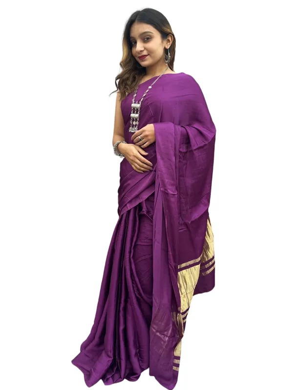 Prijam_Modal_Silk_Plain_Indian_Saree_Lagadi_Patta_Designed_Pallu_Silk_Saree_With_Unstiched_Blouse_for_Women's