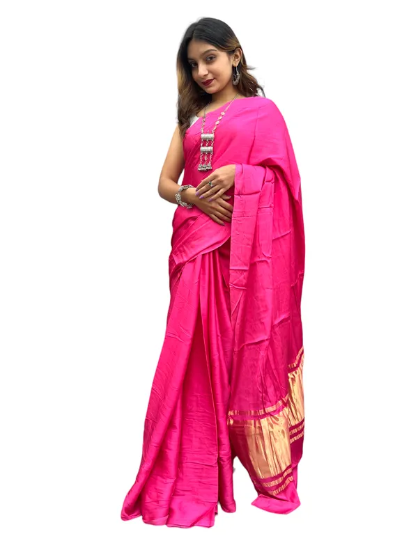 Prijam_Modal_Silk_Plain_Indian_Saree_Lagadi_Patta_Designed_Pallu_Silk_Saree_With_Unstiched_Blouse_for_Women's
