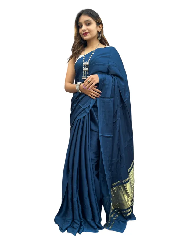 Prijam_Modal_Silk_Plain_Indian_Saree_Lagadi_Patta_Designed_Pallu_Silk_Saree_With_Unstiched_Blouse_for_Women's