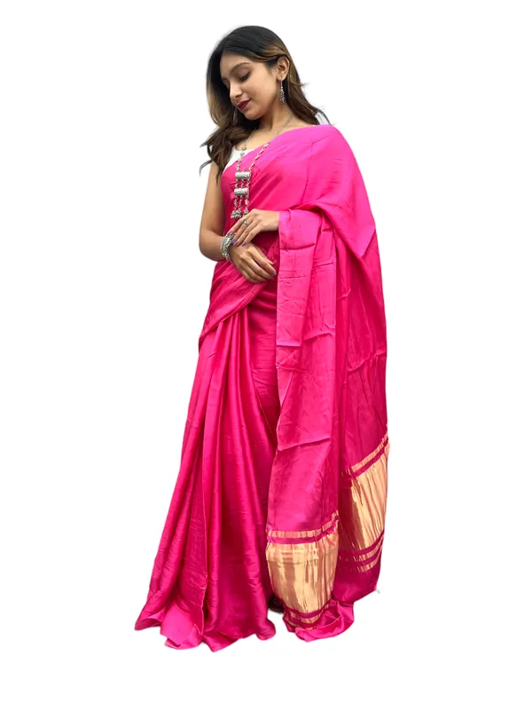Prijam_Modal_Silk_Plain_Indian_Saree_Lagadi_Patta_Designed_Pallu_Silk_Saree_With_Unstiched_Blouse_for_Women's