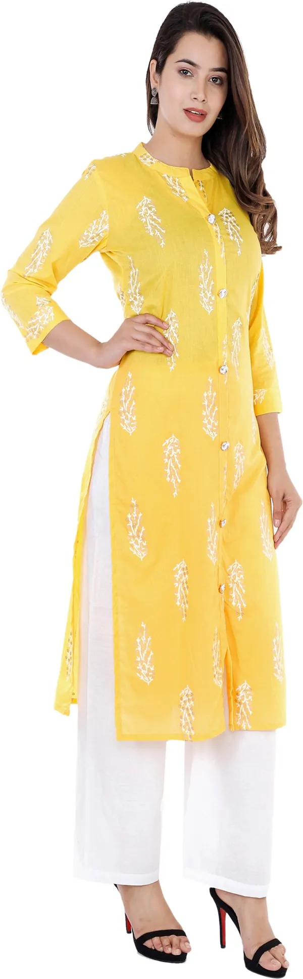 Yellow_Cotton_Blend_Frontslit_Kurta_For_Women