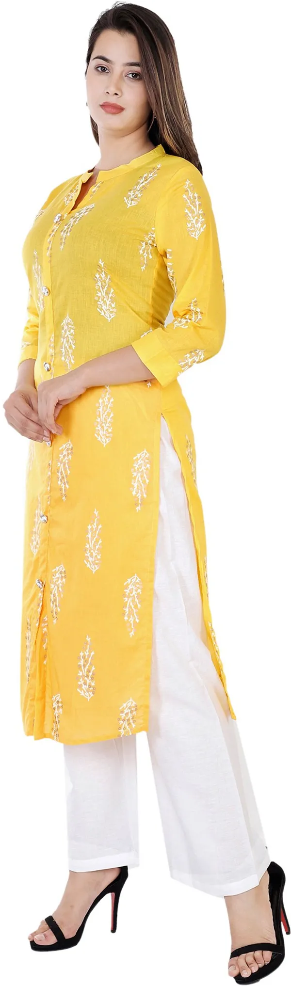 Yellow_Cotton_Blend_Frontslit_Kurta_For_Women