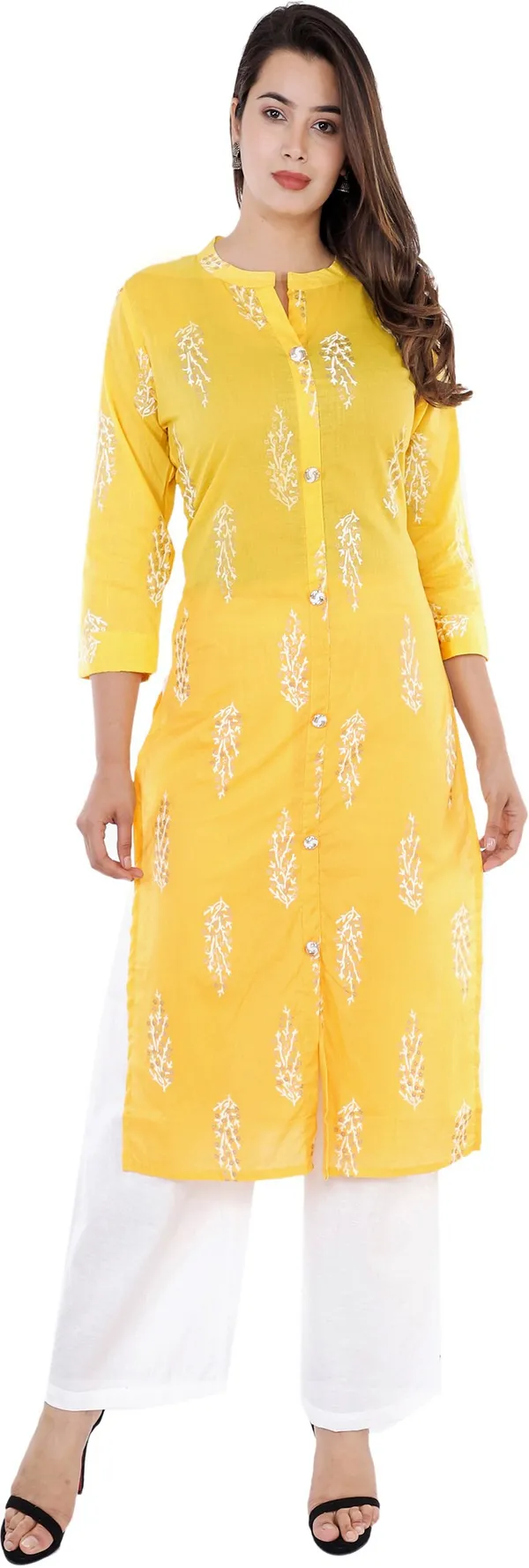 Yellow_Cotton_Blend_Frontslit_Kurta_For_Women