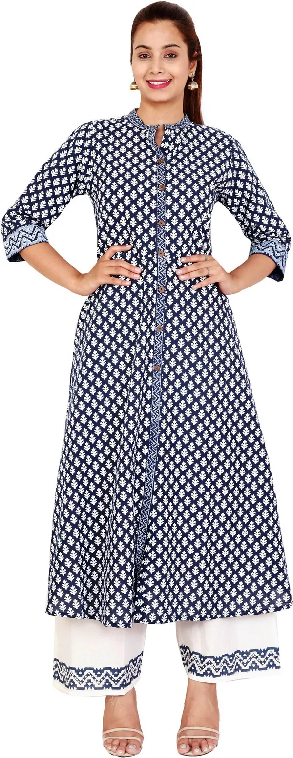 Dark_Blue_&_White_Cotton_Blend_Printed_Kurta_&_Palazzo_For_Women