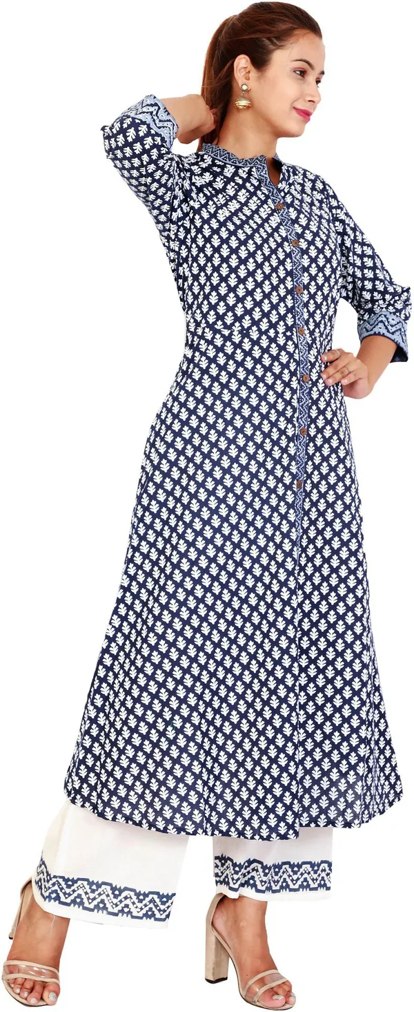 Dark_Blue_&_White_Cotton_Blend_Printed_Kurta_&_Palazzo_For_Women