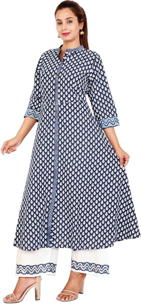 Dark_Blue_&_White_Cotton_Blend_Printed_Kurta_&_Palazzo_For_Women