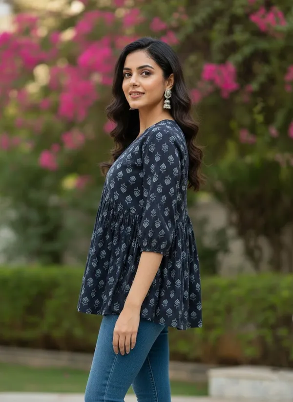 Women_Trendy_Flower_Printed_Cotton_Black_Top_(Wear_With_Jeans)