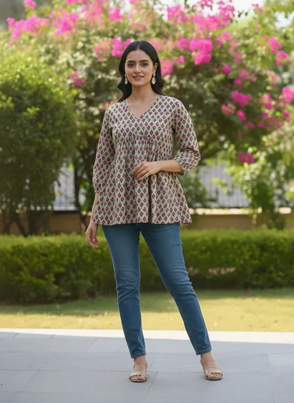 Women_Trendy_Flower_Printed_Cotton_Green_Top_(Wear_With_Jeans)