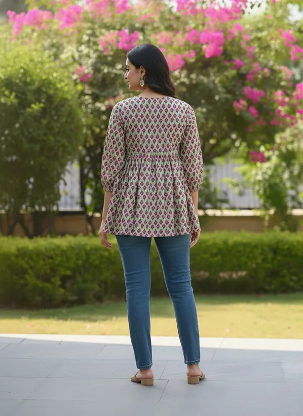 Women_Trendy_Flower_Printed_Cotton_Green_Top_(Wear_With_Jeans)