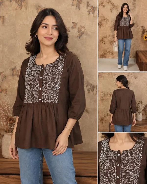 Women_Trendy_Flower_Emriodered_Cotton_Brown_Top_(Wear_With_Jeans)