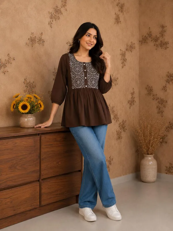 Women_Trendy_Flower_Emriodered_Cotton_Brown_Top_(Wear_With_Jeans)