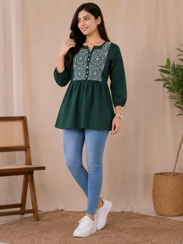 Women_Trendy_Flower_Emriodered_Cotton_Green_Top_(Wear_With_Jeans)