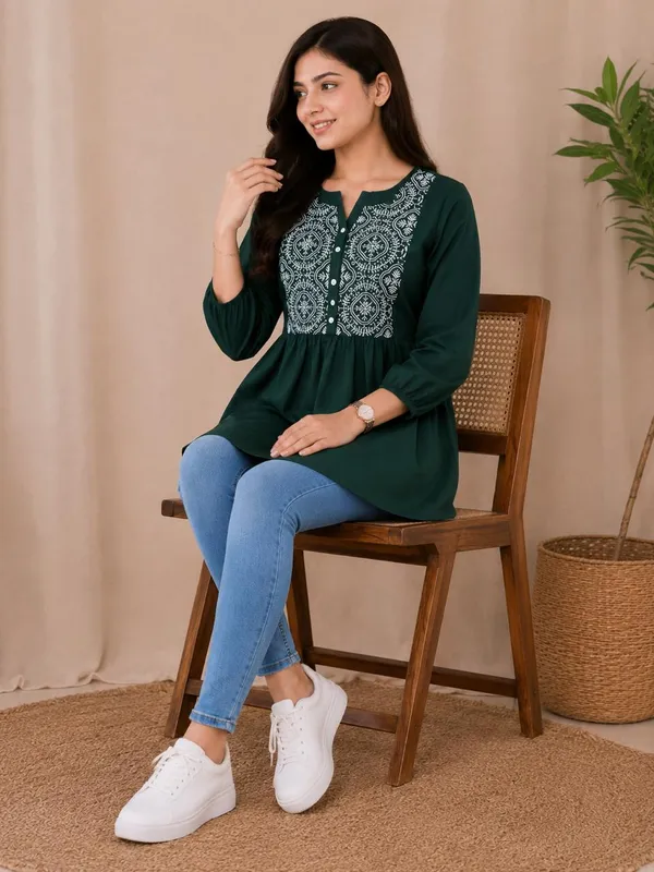 Women_Trendy_Flower_Emriodered_Cotton_Green_Top_(Wear_With_Jeans)