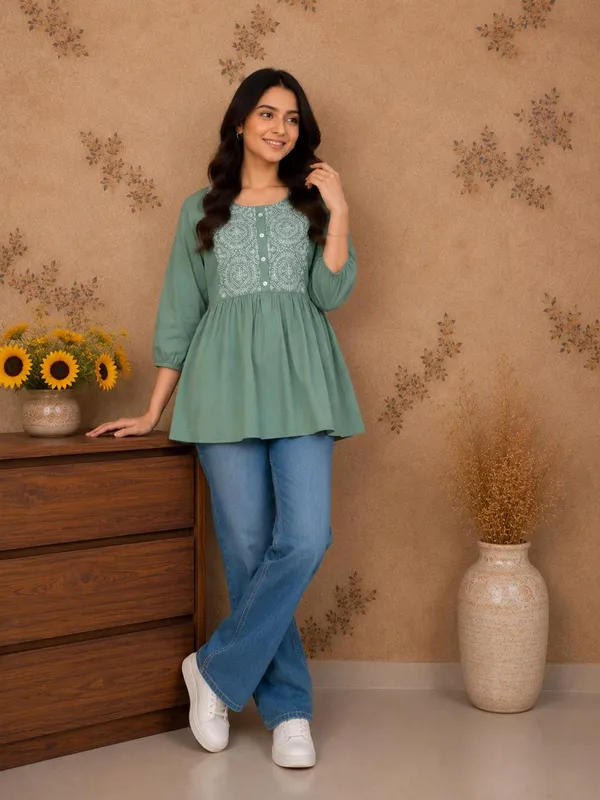 Women_Trendy_Flower_Emriodered_Cotton_Pista_Top_(Wear_With_Jeans)