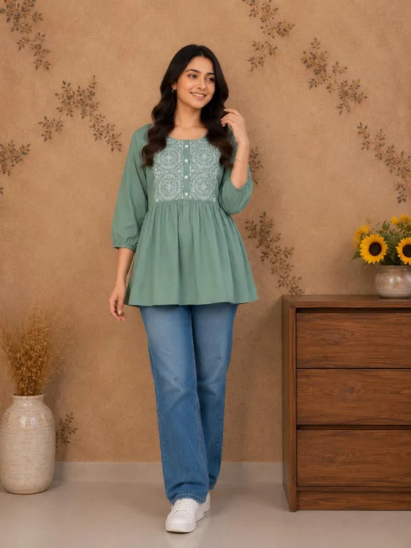 Women_Trendy_Flower_Emriodered_Cotton_Pista_Top_(Wear_With_Jeans)