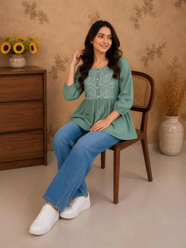 Women_Trendy_Flower_Emriodered_Cotton_Pista_Top_(Wear_With_Jeans)