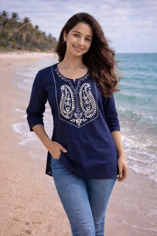 Women_Trendy_Flower_Emriodered_Cotton_Blue_Top_(Wear_With_Jeans)
