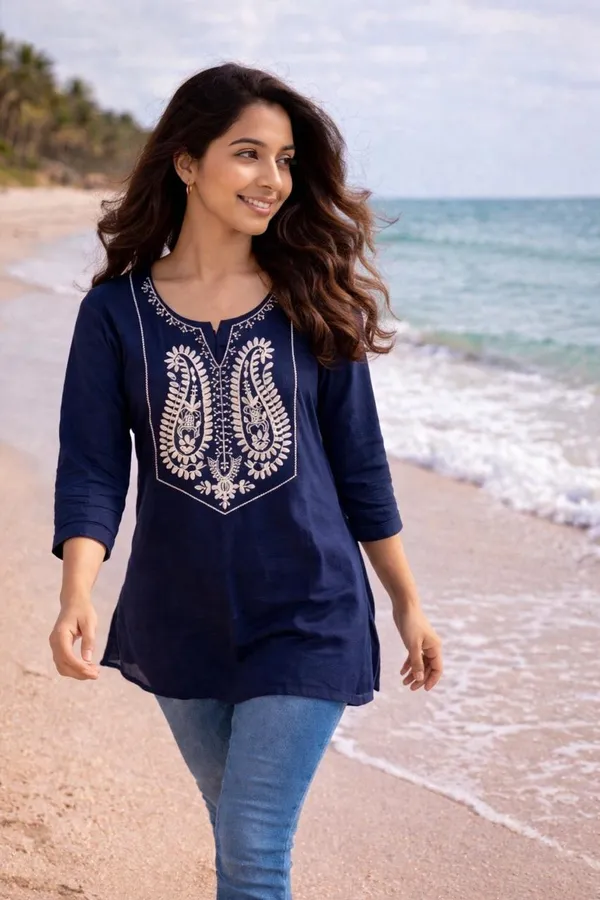 Women_Trendy_Flower_Emriodered_Cotton_Blue_Top_(Wear_With_Jeans)