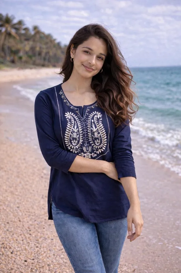 Women_Trendy_Flower_Emriodered_Cotton_Blue_Top_(Wear_With_Jeans)