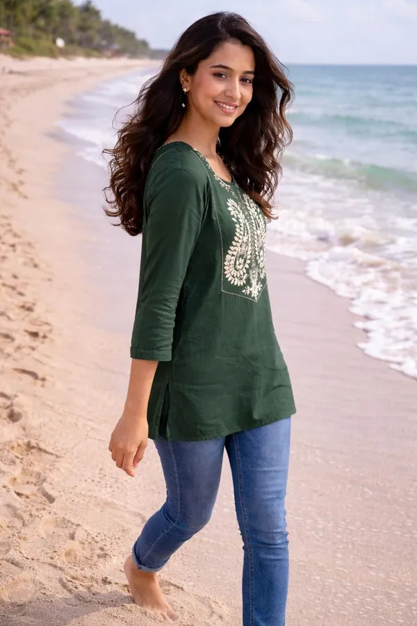Women_Trendy_Flower_Emriodered_Cotton_Green_Top_(Wear_With_Jeans)