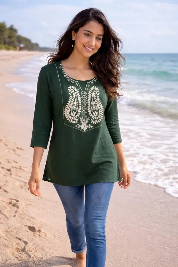 Women_Trendy_Flower_Emriodered_Cotton_Green_Top_(Wear_With_Jeans)