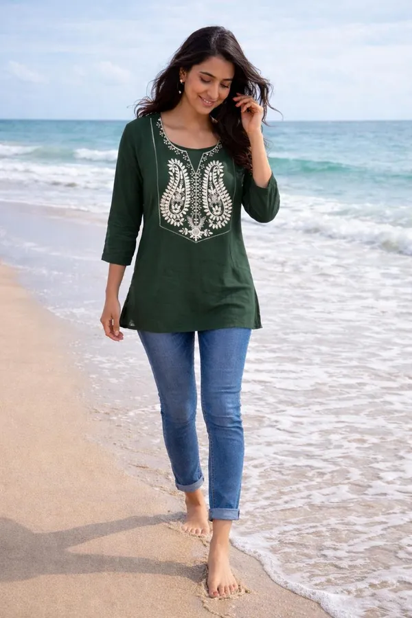 Women_Trendy_Flower_Emriodered_Cotton_Green_Top_(Wear_With_Jeans)