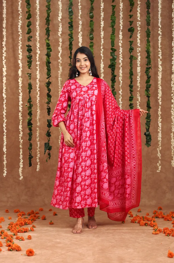 Women_Trendy_Dark_Pink_Cotton_Flower_Printed_Mirror_Worked_Kurta_And_Pant_With_Cotton_Mulmul_Dupatta