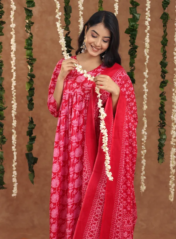 Women_Trendy_Dark_Pink_Cotton_Flower_Printed_Mirror_Worked_Kurta_And_Pant_With_Cotton_Mulmul_Dupatta