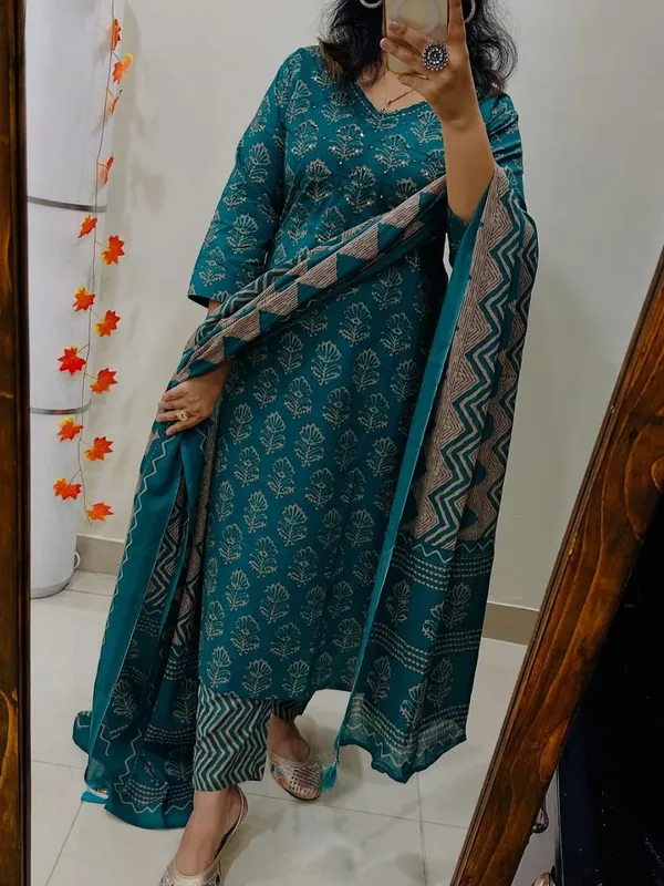 Women_Jaipuri_Trendy_Flower_Printed_And_Sequince_Worked_Cotton_Rama_Kurta_With_Pant_And_Dupatta