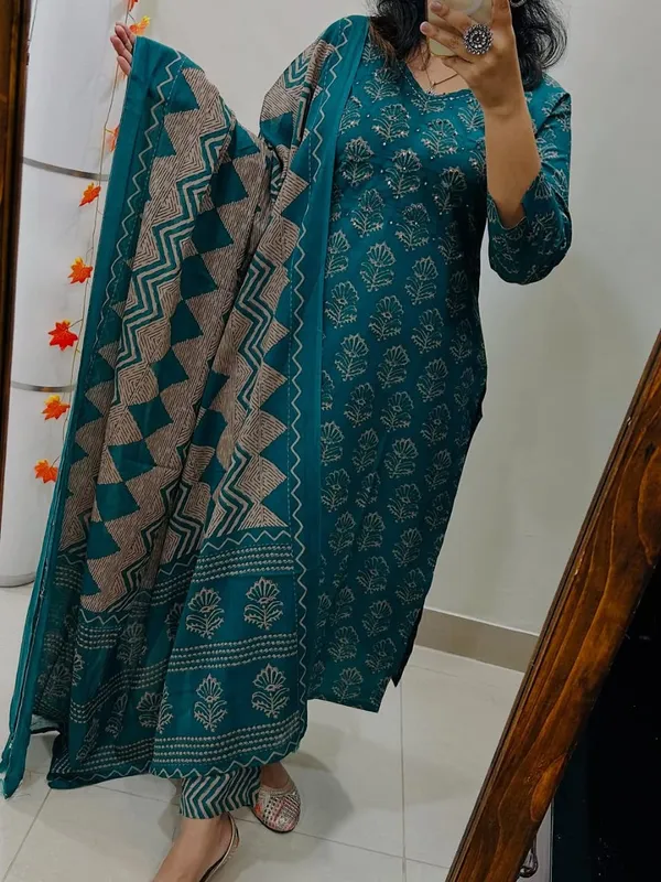 Women_Jaipuri_Trendy_Flower_Printed_And_Sequince_Worked_Cotton_Rama_Kurta_With_Pant_And_Dupatta