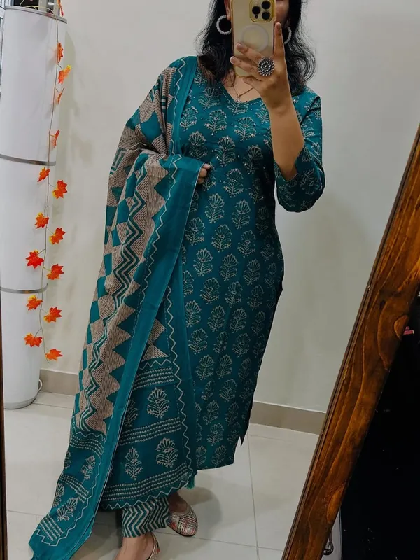 Women_Jaipuri_Trendy_Flower_Printed_And_Sequince_Worked_Cotton_Rama_Kurta_With_Pant_And_Dupatta